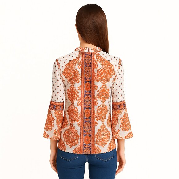 Free People Boho Printed Blouse XS – Orange & Purple Peasant Top - Picture 2 of 8